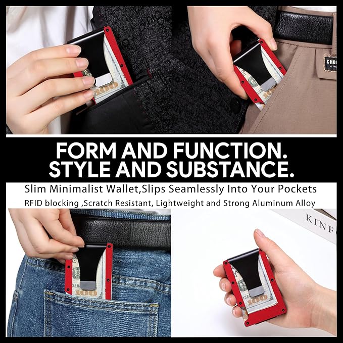 Slim Wallet for Men,RFID Blocking Minimalist Metal Wallet, Money Clip/Cash Holder, Front Pocket Aluminum Credit Card Holder, Ideal Gift for Men,Matte Red