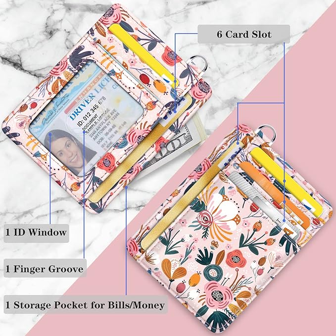 Coco Rossi Slim Front Pocket Wallet RFID ID Card Holder Cute Small Wallet with Wrist Lanyards Key Chain Holder for Women,Pink Flowers