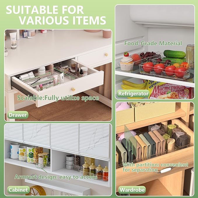BLULEE 4-in-1 Expandable Drawer Organizer Set, Adjustable Clear Bins | with Dividers for Kitchen, Bathroom, Vanity & Office, Scalable Trays for Cosmetics, Utensils & Desk Accessories (4 Pcs)