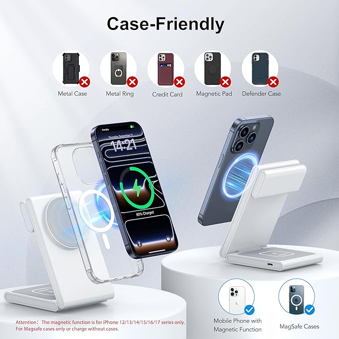 New Travel Foldable 3 in 1 Wireless Charging Station for Apple Magsafe Charger Stand,Fast Magnetic Wireless Charger Station for iPhone 17 Air 16 15 14 13 12 Series,Airpods Pro,Apple Watch Ultra-White