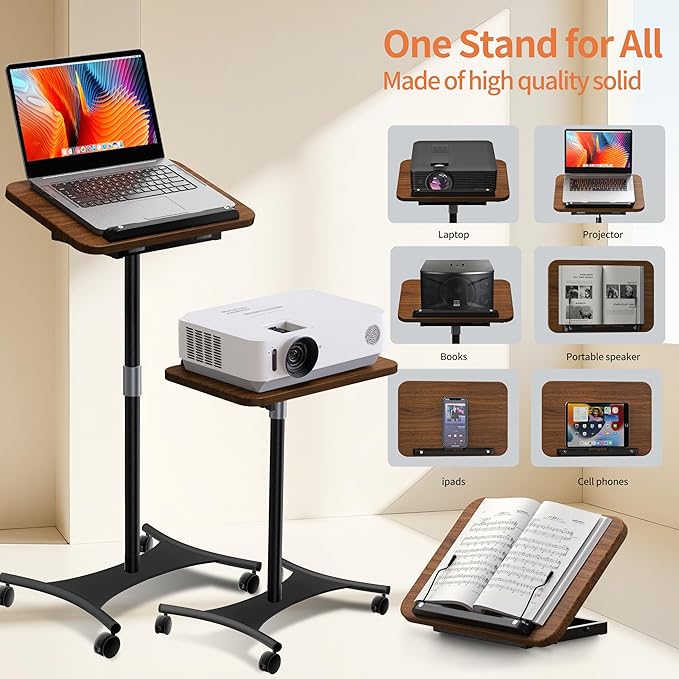 Rolling Laptop Floor Stand, Dual-Purpose for Desk & Floor, Adjustable Height from 16.5" to 51", with 4 Lockable Casters & Book Page Clips, Portable Laptop Stand (Walnut Finishing)
