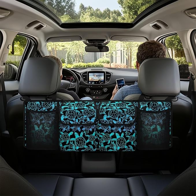 Blue Turtle Print Car Trunk Organizers for Women Foldable Magnetic Cover Backseat Cargo Storage Bag with Elastic Net SUV, Truck, MPV Car Accessories