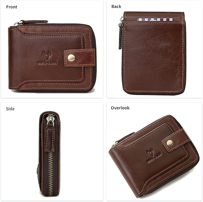 Zipper Wallet Men RFID Blocking Leather Bifold Wallets For Men - Flap ID Window Zip Coin Pocket Mens Zipper Wallets - Big Capacity Credit Card Travel Wallet (Brown)