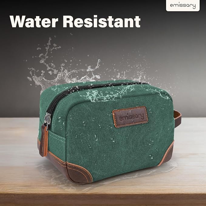 emissary Men's Toiletry Bag, Leather and Canvas Travel Toiletry Bag, Dopp Kit for Men, Travel Bathroom Bag Men's Shaving Kit, Travel Kit Small Bags for Men, Shaving Bag for Travel Accessories (Green) | Durable canvas & PU leather, water-resistant linin...