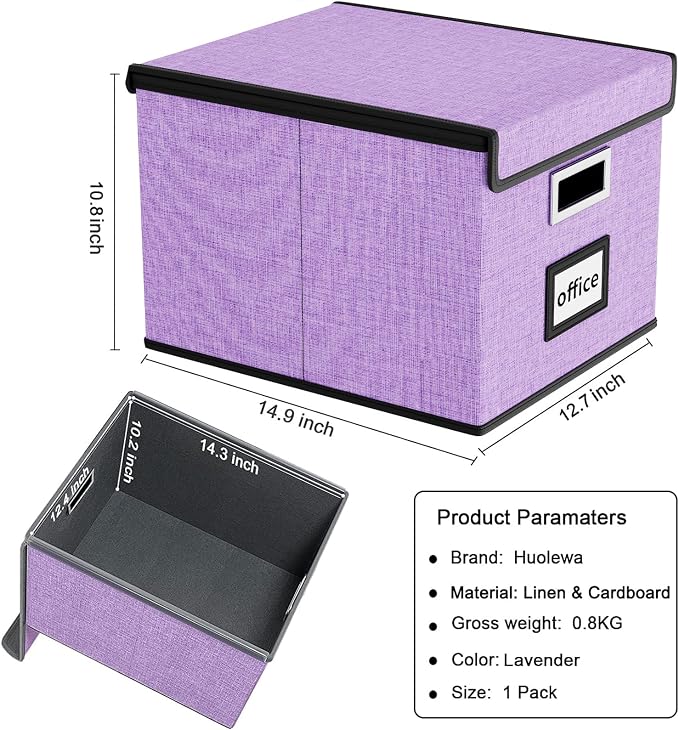 File Organizer Box with Lid, Collapsible File Folder Organizer for Office Document Storage, Filing Box with Plastic Slide for Letter Size Hanging File Folders(1 Pack, Lavender)