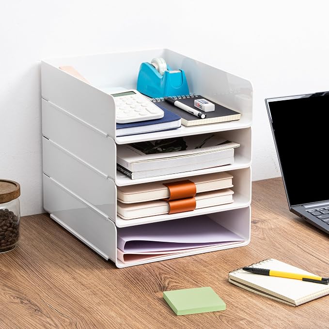 Tiawudi Desk Organizer, Office Organization and Storage, Plastic Letter Tray, Stackable File Organizer for Classroom, Home, Documents, Notes, Folders, Books and Pens, 4 Tier
