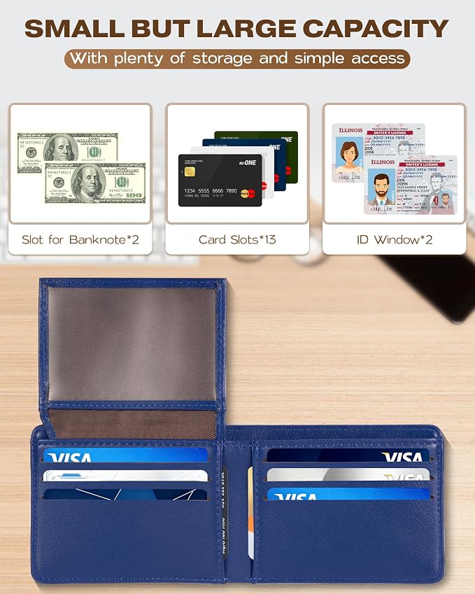 GNDR Wallet For Men Bifold Blue RFID Blocking Slim Faux Leather Wallets Card Holder Front Pocket Minimalist Men Accessories With Gift Box