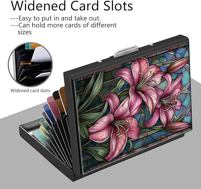 Credit Card Holder, Pink Lilies Design Mini RFID Blocking Aluminum Wallet Slim Metal Hard Case Shell Travel Wallet ID Case Small Credit Cards Case Business Cards for Women Men Girls
