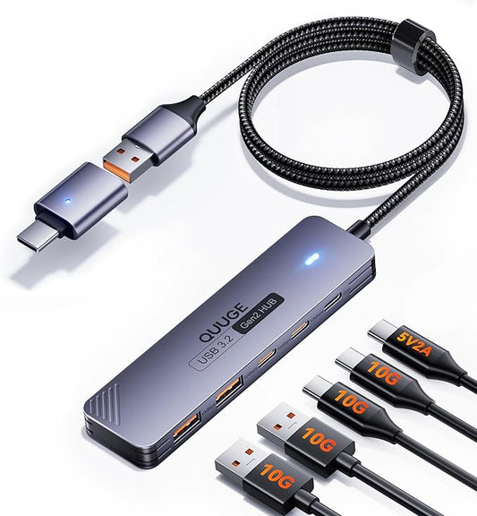USB 3.2 Hub, QUUGE 5-in-1 USB Splitter with 2 USB-A & 2 USB-C 10Gbps, USB Multiport Adapter with A to C Adapter, 120cm Nylon Cable, 5V 2A Type-C Power Port for MacBook iMac Laptop PC Flash Drives HDD