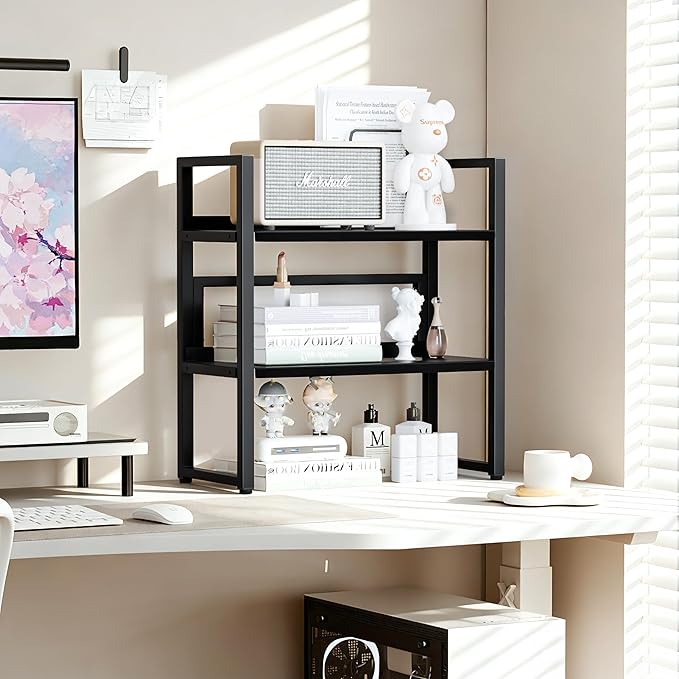 Brakki Desk Shelf Organizer, Adjustable 2 Tier Metal Desktop Shelves, Desktop Bookshelf Organization with Foot Mat, Multi-Functional Small Storage Rack for Office Dorm Home, Black