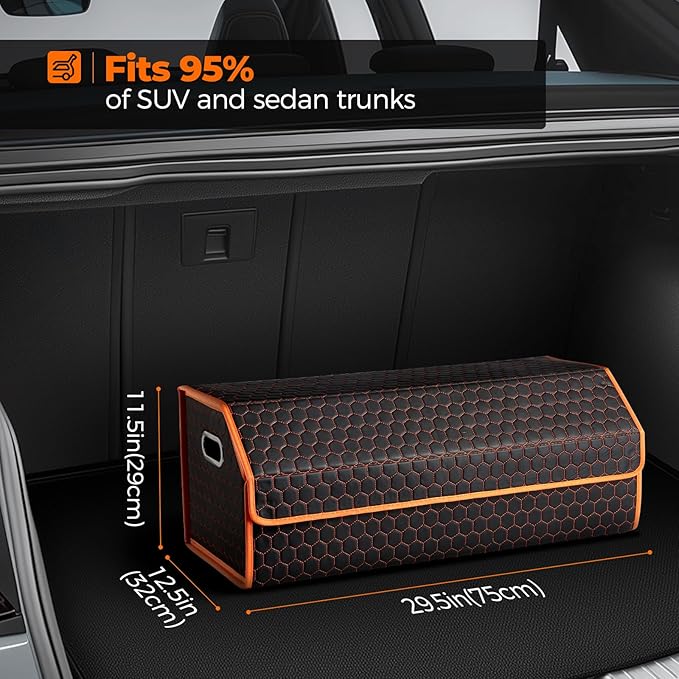 Fyzeoty Car Organizers and Storage - Trunk Organizer for Suv Car,Car Trunk Leather Storage Box,Extra Large,Magnetic Lid,Collapsible and Adjustable