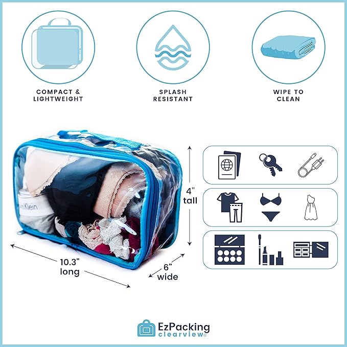 Small Clear Travel Packing Cube/See Through PVC Plastic Pouch for Carry On Suitcase, Backpack or Diaper Bag/Transparent Multipurpose Accessories, Makeup & Underwear Organizer (Royal Blue)