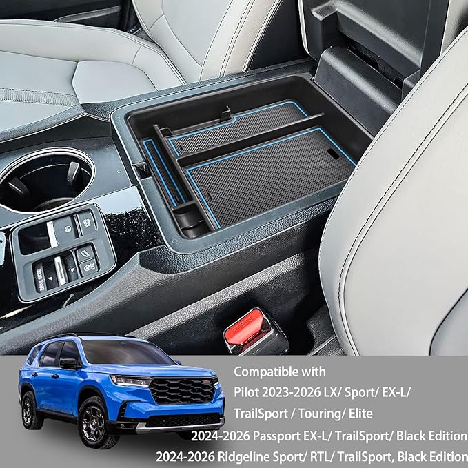HGWEI Center Console Organizer Compatible with Honda Pilot 2023 2024 2025 2026 and Ridgeline/Passport 2024 2025 2026 Interior Accessories Insert Armrest Storage Box Tray, Blue