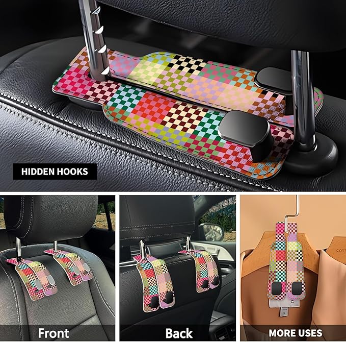 Car Seat Headrest Hook, Universal Leather Cute Hanger Holder Hook, Storage Organizer Interior Accessories for Purse Bags Handbag Colorful Cute Plaid
