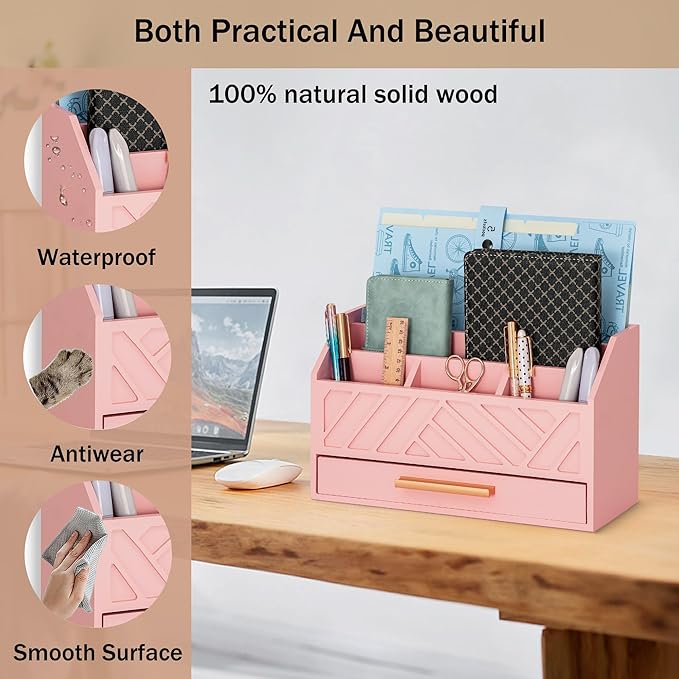 Pink Wood Desk Organizer and Accessories with Drawer, Bill Mail Organizer and File Mail Holder for Office Supplies, Modern Desk Accessories & Workspace Organizers for Desk Organization