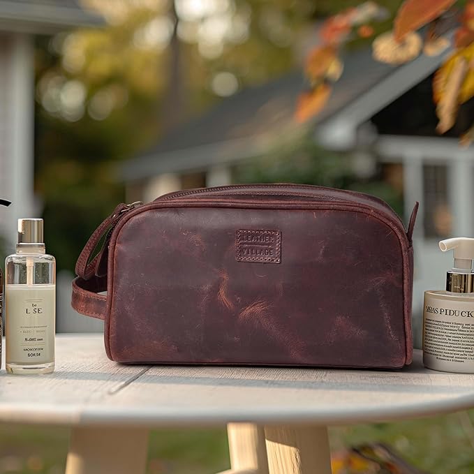 LEATHER VILLAGE Genuine Leather Toiletry Travel Bag With Waterproof Lining - Mulberry Brown | King-Size Handcrafted Vintage Dopp Kit Bag, Shaving & Bathroom Organizer, Gift for Men & Women