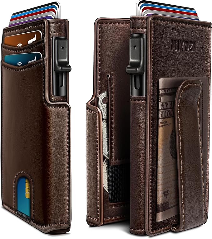 miyozi Wallet for Men with Money Clip Coins Pocket ID Window Gift Boxed,Slim Smart Front Pocket RFID Blocking Wallet Pop-up Card Holder in Magnetic Leather Flip 3.9"x 2.7"