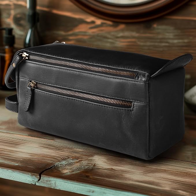 LEATHER VILLAGE Genuine Leather Travel Toiletry Bag - Water-Resistant Dopp Kit for Toiletries, Large Shaving Bag & Bathroom Organizer - Gift for Men & Women - Distressed Black