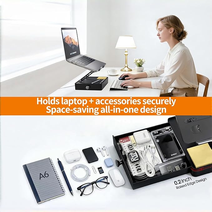 Laptop Stand with Storage Drawer, Adjustable Ergonomic Laptop Riser for Desk, Heavy-Duty Metal Stand for 10??6??Laptops, Space-Saving Desk Organizer for Remote Work & Home Office, Gray