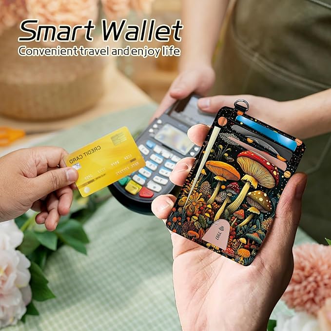 Small Travel Wallets, Magic Colorful Mushrooms Slim Minimalist Front Pocket Wallet with Wristlet, RFID Blocking PU Leather Credit Card Holder with ID Window Change Purse for Men Women