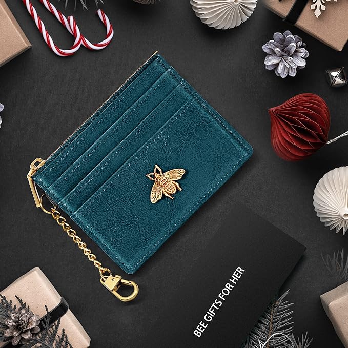 SEAVILIA Card Holder Keychain Wallet for Women with ID Window RFID Coin Purse Bee Gifts Slim Minimalist Small Wallet