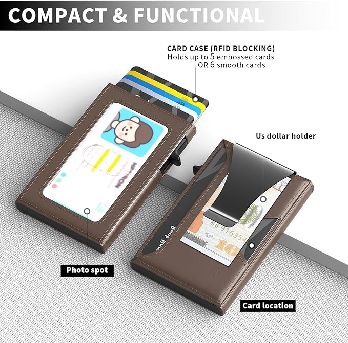 Wallet for Men Slim Minimalist Pop-up Smart Holds 5-6 Cards - RFID Blocking Metal with Money Clip, Credit Card Holder & ID Window,Business Card Cases, men accessories (Coffee)