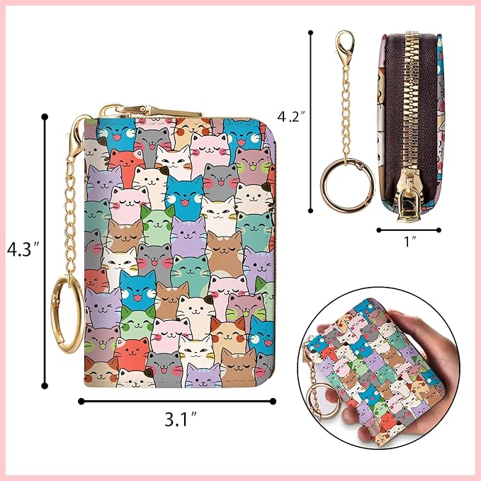 Blusabaca RFID Credit Card Holder Wallets for Women, Small Cat Card Case Wallet with Removable Keychain and Zipper, Leather Card Holder Pocket Business Card Accordion Wallet