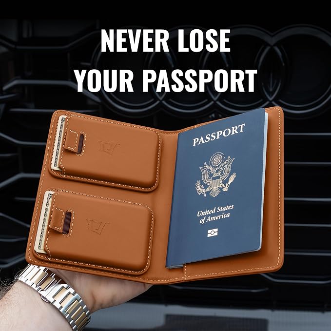 Kings Loot Passport Holder Wallet – RFID Blocking Leather Travel Wallet with Built-in Airtag Holder – Holds 1-6 Cards & Passport – Easy Pull Tab – Slim & Stylish Wallets (Saffron)