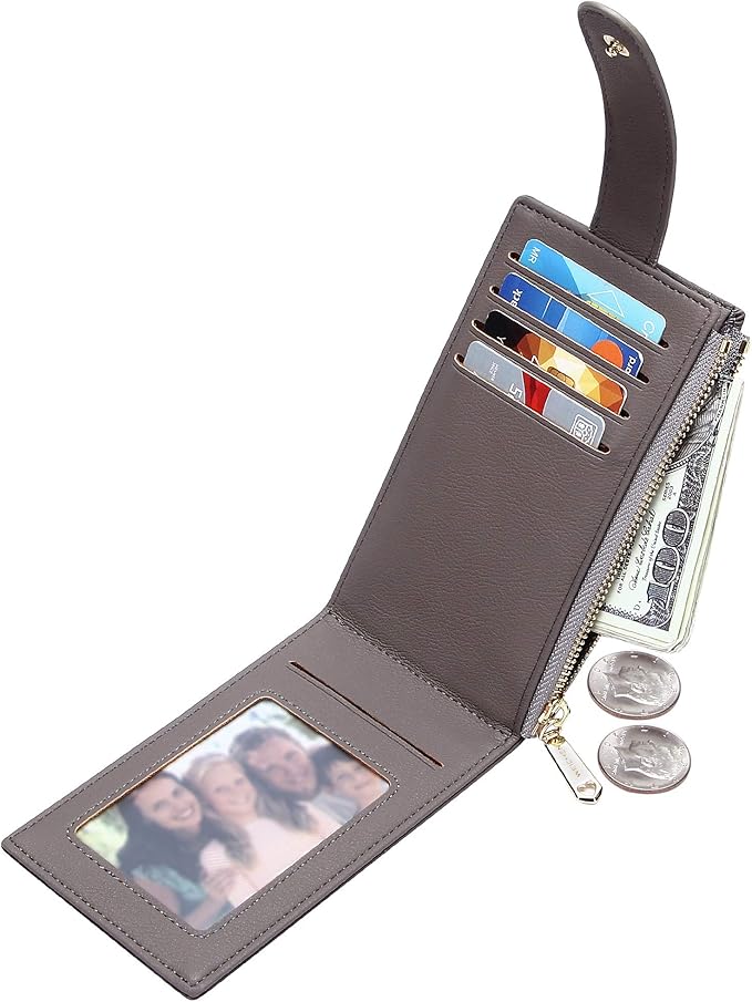 Badiya Slim Women Wallet RFID Blocking Bifold Compact 9 Card Slots Holder Wallets Soft Leather with Zipper Coin Pocket 2 ID Window