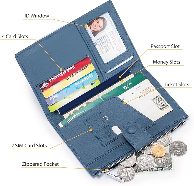 RFID passport holder for travel, Leather Passport Wallet for Women with Zippered Coins Pocket and SIM Slots, Passport Cover Case for Travel