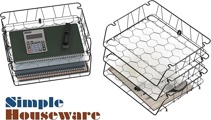 Simple Houseware Stackable Wide Entry Desk File Document Letter Tray with Liner, Wire Grid, 3 Packs, Black