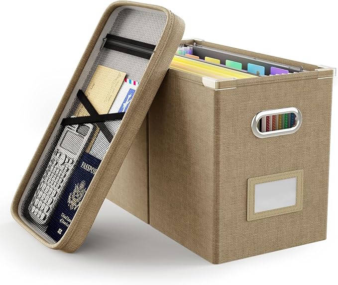 Oterri File Organizer Box with Lid, Hanging Filing File Box with Mesh Pocket, Document Organizer Box for Letter Files, Portable Storage Box with Smooth Sliding Rail for Office&Home(1 PCS, Khaki)
