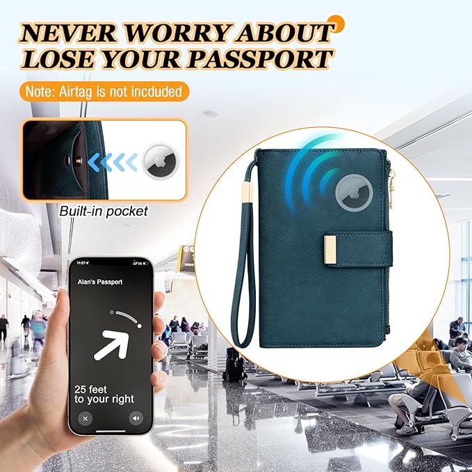 HUANLANG Passport Holder with Airtag for Women/Men, Airtag Passport Wallet for Travel Leather Passport Holder RFID Blocking,Travel Passport Walelt with Credit Card Holder