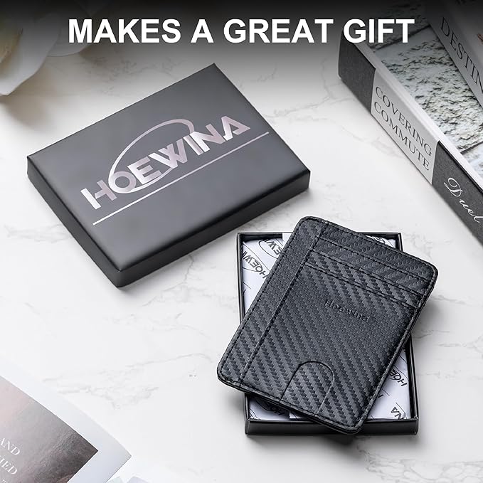 Hoewina Slim Wallet for Men, Credit Card Holder Wallet, Minimalist Design - RFID Blocking Front Pocket Leather Thin Wallet for Men and Women(Carbon Fiber Black)