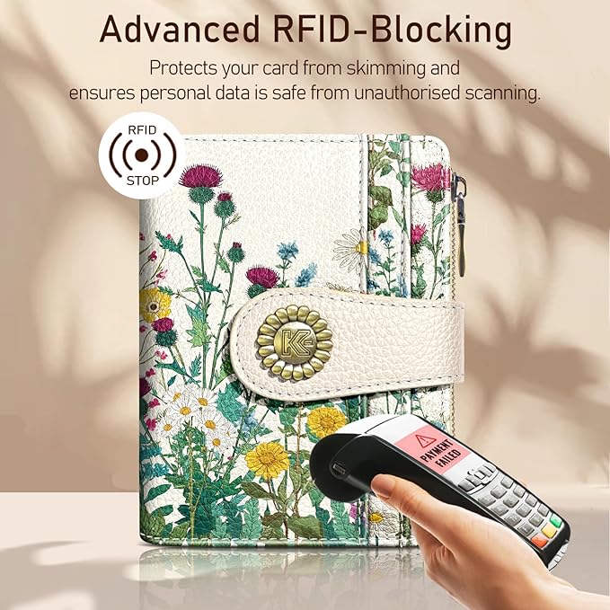 Kelvoris Aesthetic Flower Floral Small Rfid Women Wallet Bifold Zipper Coin Pocket PU Leather Compact Cash Credit Card Holder Travel Wallet for Female Ladies Teen Girls 1 ID Window 10 Card Slots