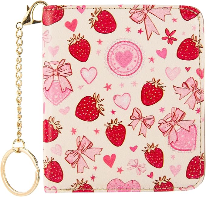 AIRMORS Small Wallet Women Cute Credit Card Holder Billfold Slim Card Holder Wallets for Travel Girls Thin Bifold Pocket Mini Coin Purse with ID Window (Pink Strawberries)