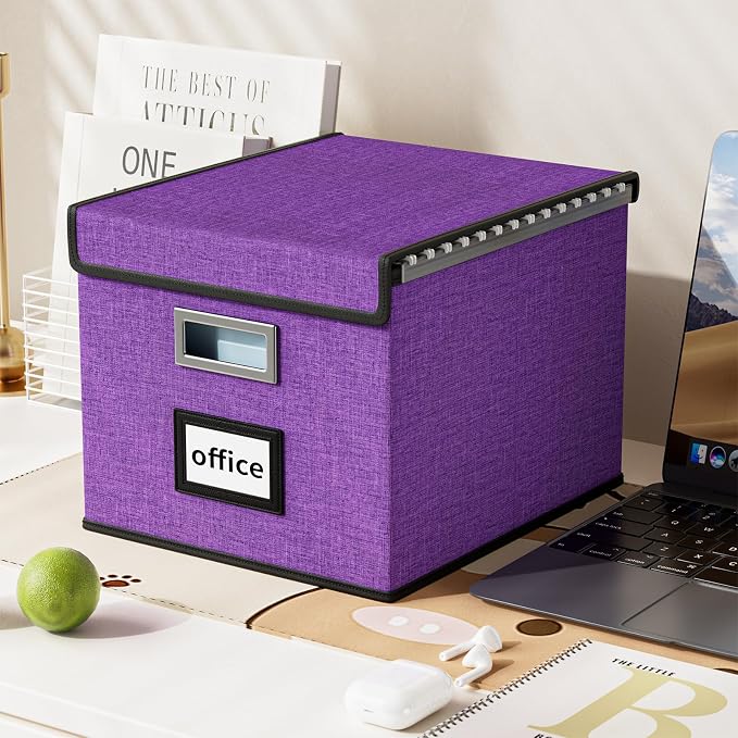 Upgraded File Organizer Boxes with Lids, Linen Hanging Filing & Storage Boxes with Plastic Slides for Office/Decor/Hom, Universal Hanging Filing Organization Boxes for Letter/Legal Folder