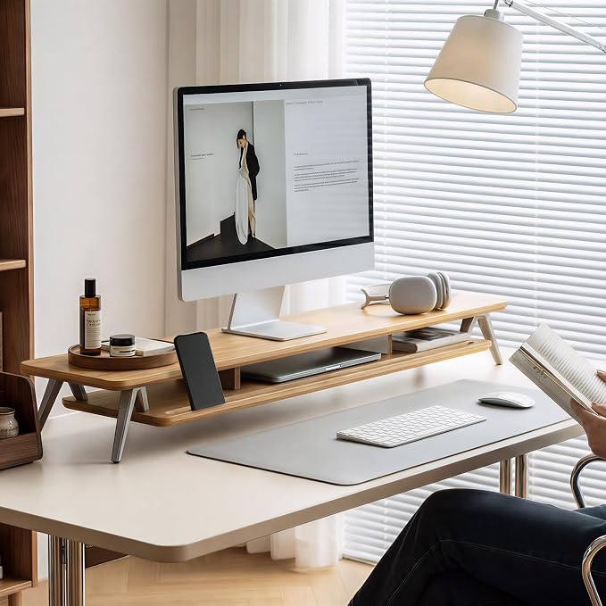 Fenge Dual Monitor Stand, Monitor Stands Riser for 2 monitors, 42.5 Inch Wood Desk Shelf with Storage Organizer and Cable Management for Office Desk Accessories