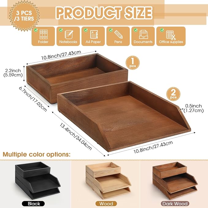 Beeveer 3 Pcs Wooden Letter Tray Stackable Document Desk Letter Tray 3 Layer Desktop Paper Organizer Heavy Duty 3 Tier Support Tabletop Inbox Drawer File Folder Back to School Office Home(Brown)