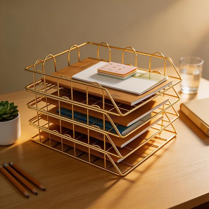 JIARI 4 Pack Desk Organizer Stackable Letter Tray Paper Organizer, Metal Desk Organizer Tray for Letter/A4 Paper Storage, for Office Supplies (Gold 4 Pack)