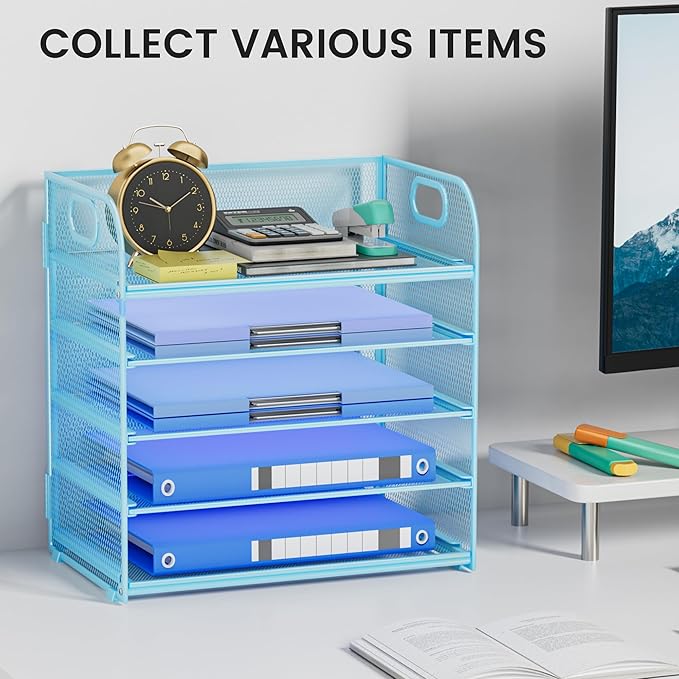 Paper Organizer Letter Tray with Handle Mesh 5-Tier Stackable Desk Organizer for Files/Paper/Office Supplies, Sturdy Carbon Steel Desk Organizer for Home Office & Classroom