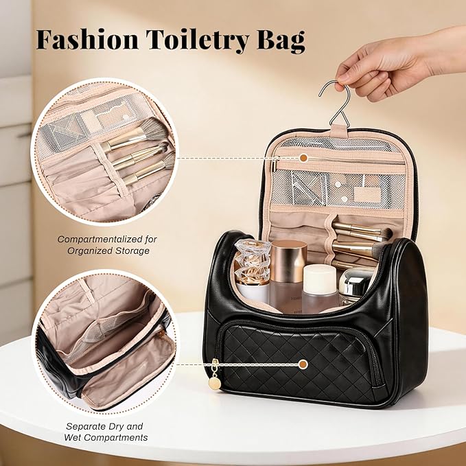 Greenfeather Cosmetic Bags for Women，Hanging Toiletry Bag with Makeup Brush Womens Travel Toiletry Bag for Women Essentials Travel Organizer for Full Sized Cosmetics and Toiletries Black