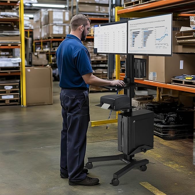 AW 32" Mobile PC Stand Workstation, Height Adjustable Dual Monitor Mount, Rolling Computer Cart on Wheels, Black
