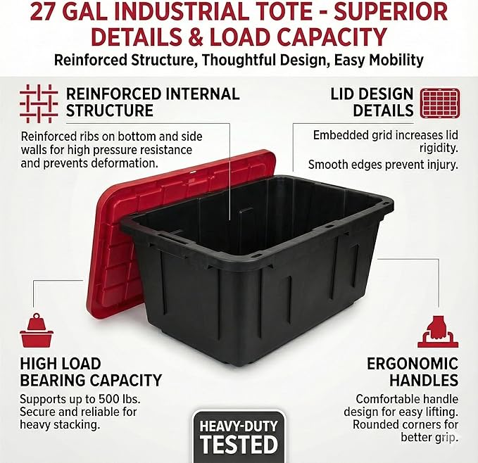 27 Gal Industrial Tote,4 Pack Plastic Storage Bins with Lids Tough Large Storage Bin,Black with Red Lid Plastic Storage,Stackable & Nestable for Garage, Basement, or Outdoor (4 Pack)