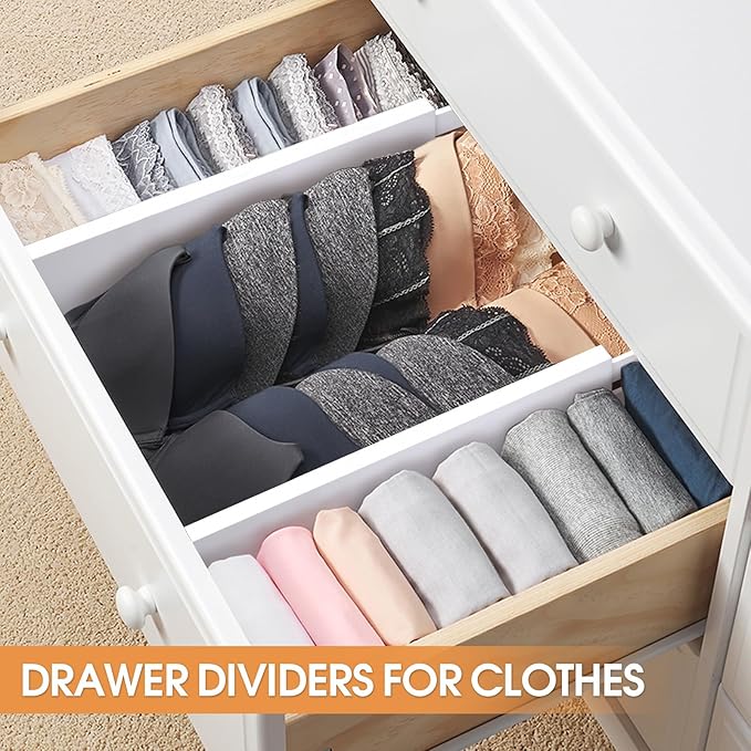 Bamboo Drawer Dividers Organizers, Kitchen Drawer Organizer, Adjustable Drawer Divider for Clothes, Kitchen, Dresser, Bedroom, Bathroom and Office, 4-Pack (White, 12-17 IN)
