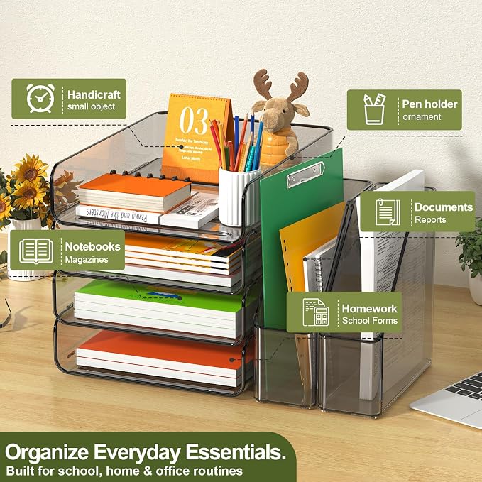 FANXIYQ 4-Tier Brown Acrylic Paper Tray Organizer with Bookends, Stackable Letter Tray Organizer for Desk, Acrylic File Organizer & Office Paper Organizer, Desk Accessories for Home Office