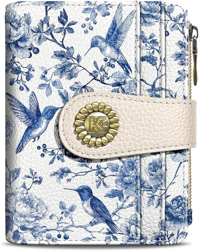 Kelvoris Bird Small Rfid Women Wallet Bifold Zipper Coin Pocket PU Leather Compact Cash Credit Card Holder Travel Wallet for Female Ladies Teen Girls 1 ID Window 10 Card Slots
