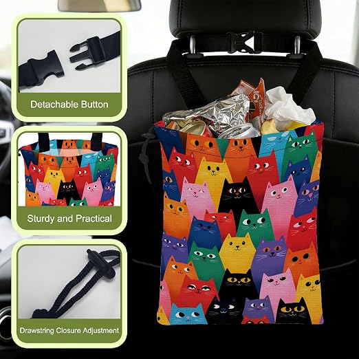 Car Trash Bag Abstract Colorful Cartoon Cats Hanging Drawstring Car Organizer and Storage Bag with Adjustable Buckle Canvas Garbage Bin for Back Seat or Hanging Headrest Road Trip Essentials