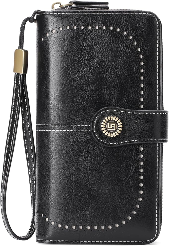 RNIEGA Womens Wallet Leather Billfold RFID Blocking Credit Card Holder Wristlet Wallets for Women Ladies Purses with Zipper Coin Pocket