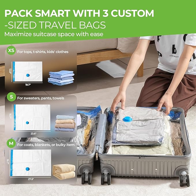 Vacuum Storage Bags for Travel: 15 Pack Compression Packing for Clothes with Rechargeable Air Pump Carry-on Size Vacuum Seal Bags Luggage＆ Suitcase Space Saver Organizer for Clothing